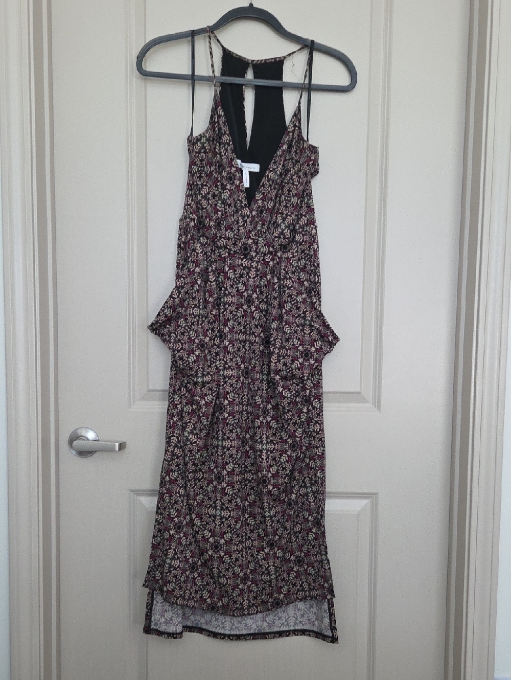 BCBG Burgundy and Cream Floral Maxi Dress with Spaghetti Straps